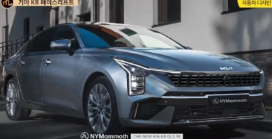 Automóvil Kia K8 azul estacionado frente a un edificio.