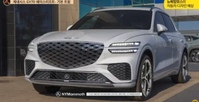SUV Genesis GV70 blanco estacionado frente a edificio moderno.
