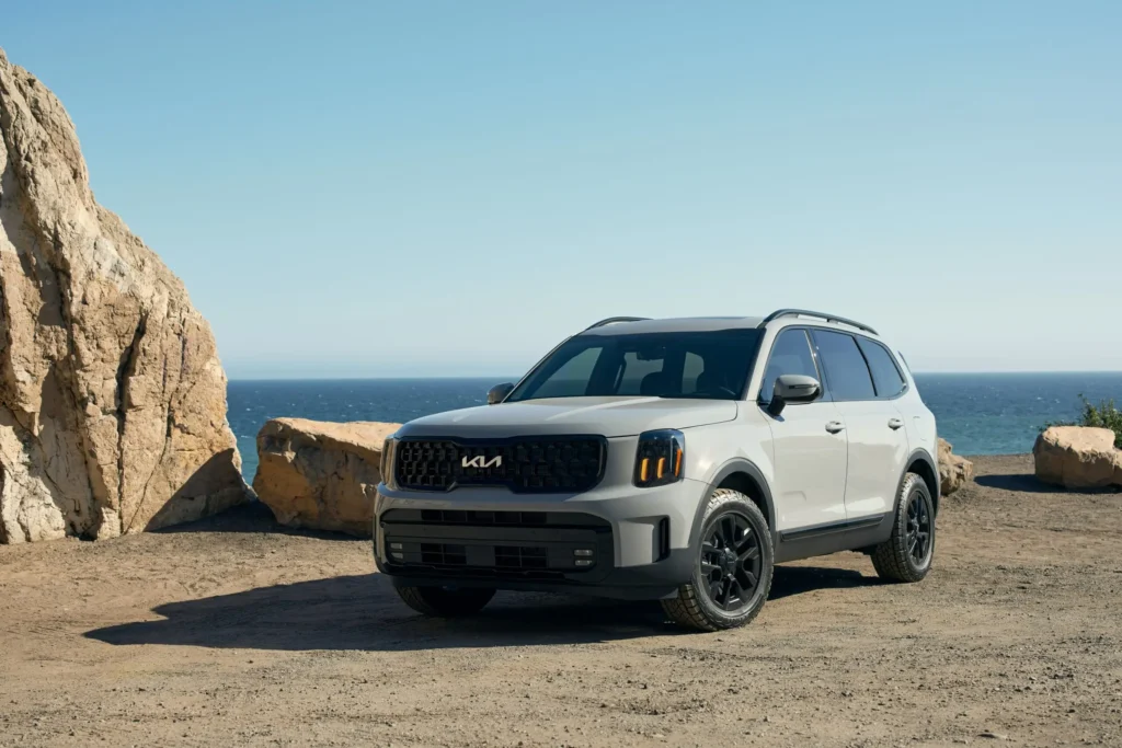 Un SUV blanco estacionado cerca de acantilados frente al mar.